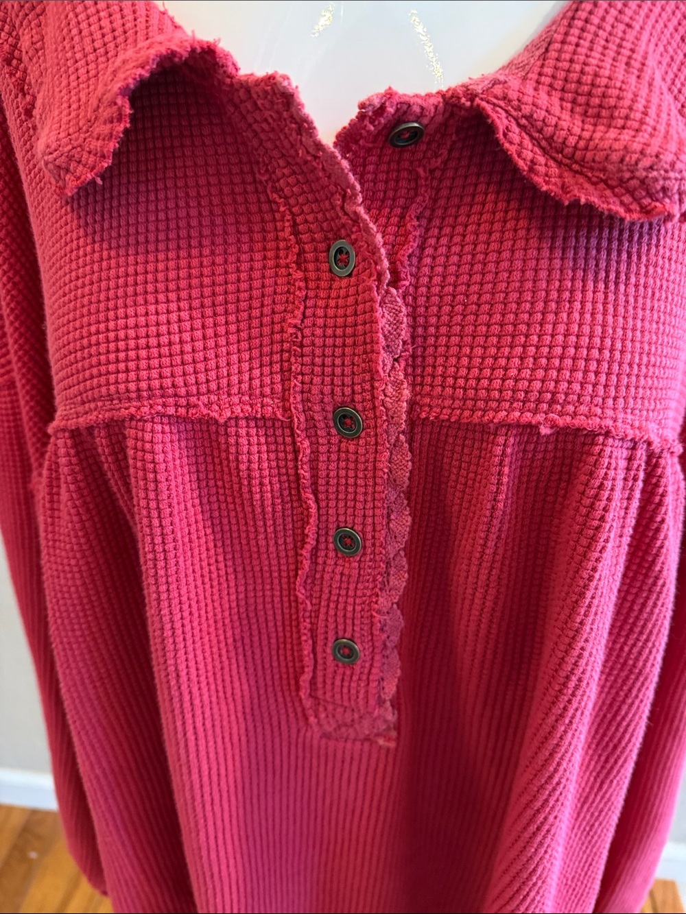 We The Free Waffle-Knit Henley Pullover in Deep Pink size Large - Picture 2 of 6